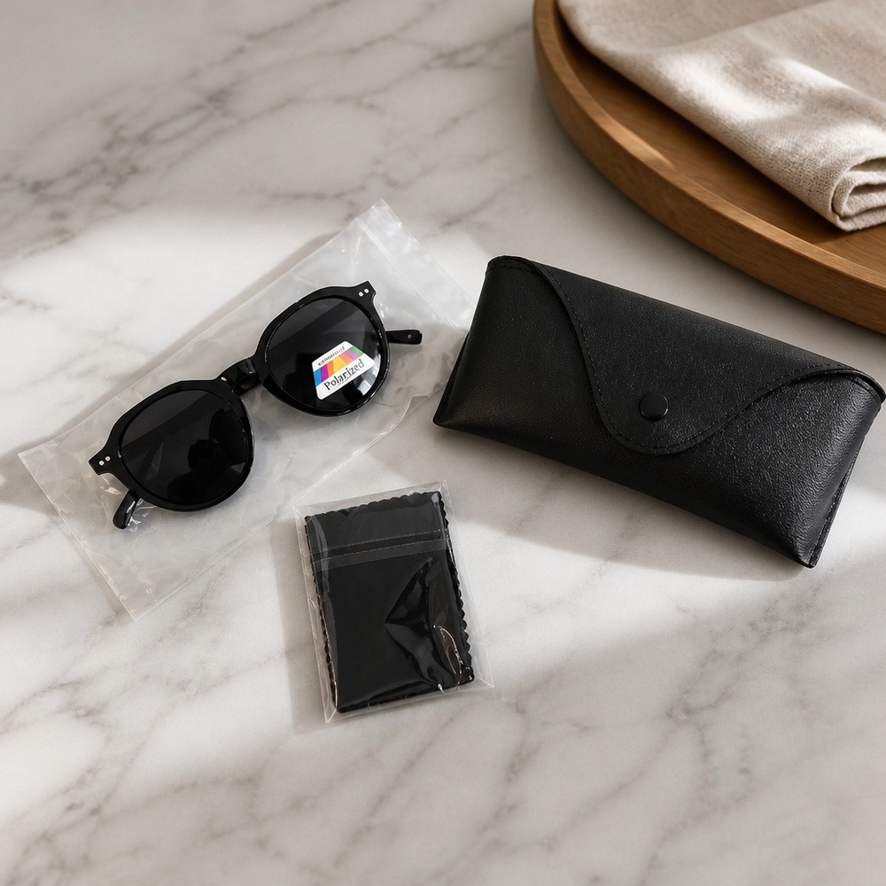 Black Round Polarized Sunglasses with Case and Cleaning Cloth UV Protection